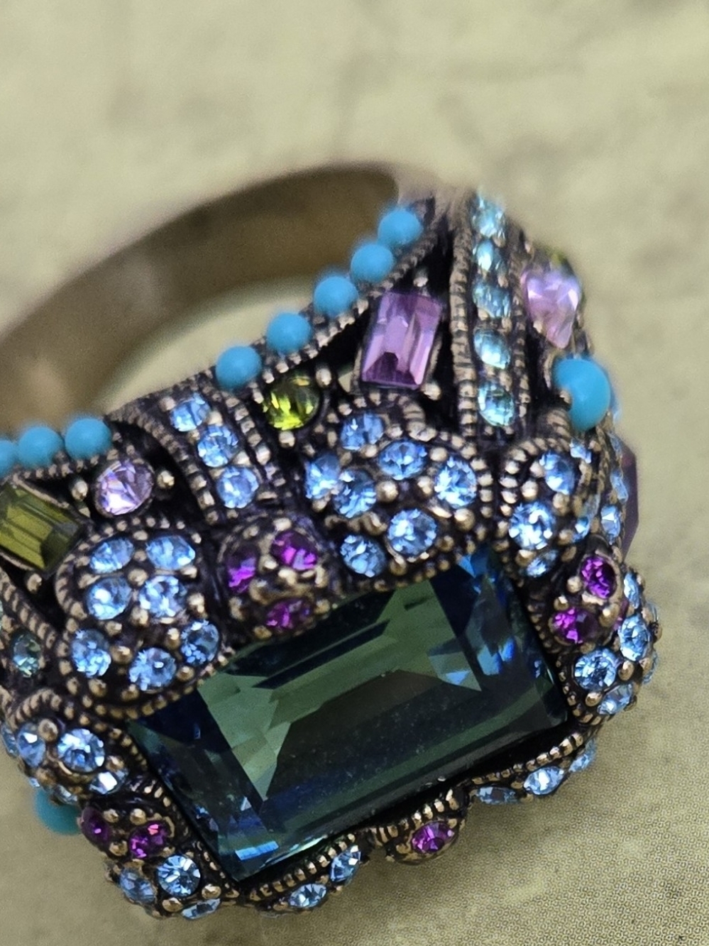 "Damselfly" Multicolor Crystal Statement Ring - Blue & Turquoise Accents
